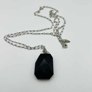NY Silver Tone Necklace w/ Large Black Faceted Pendant 30”